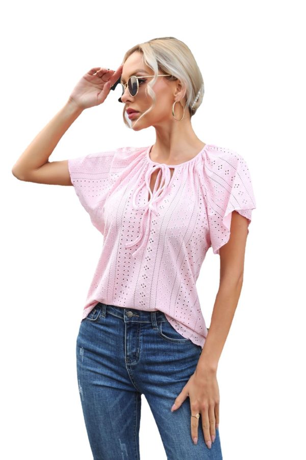 Hollow Jacquard Ruffled Raglan Sleeve Lace-up Short Sleeve Top - Image 5