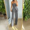 Graceful Tube Top Suit Fashion Button Sleeveless Top And Straight Pants Women's Trousers Set - Image 7