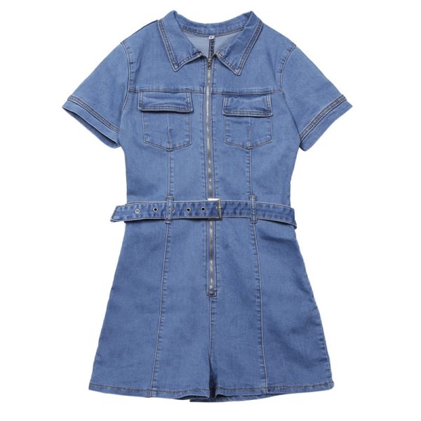 Fashion street beat deep V zipper belt pocket slim denim jumpsuit - Image 4