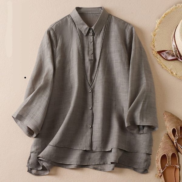 Women's Artistic Retro Fake Two-piece Cotton And Linen Half Sleeves Shirt - Image 5