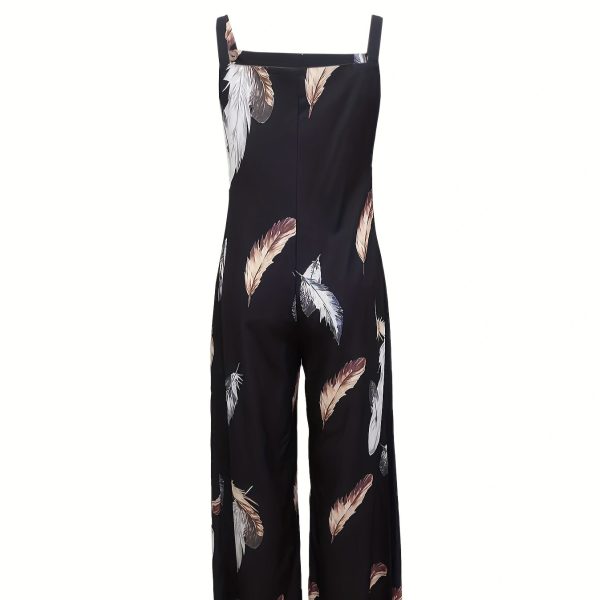 Women's Feather Print Ruffle Hem Pleated Fashionable Jumpsuit - Image 3