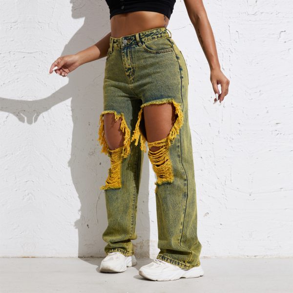 Shascullfites Melody Yellow Wash Streetwear Split Loose Straight Jeans Y2K Ripped Retro Women Denim Pants - Image 4