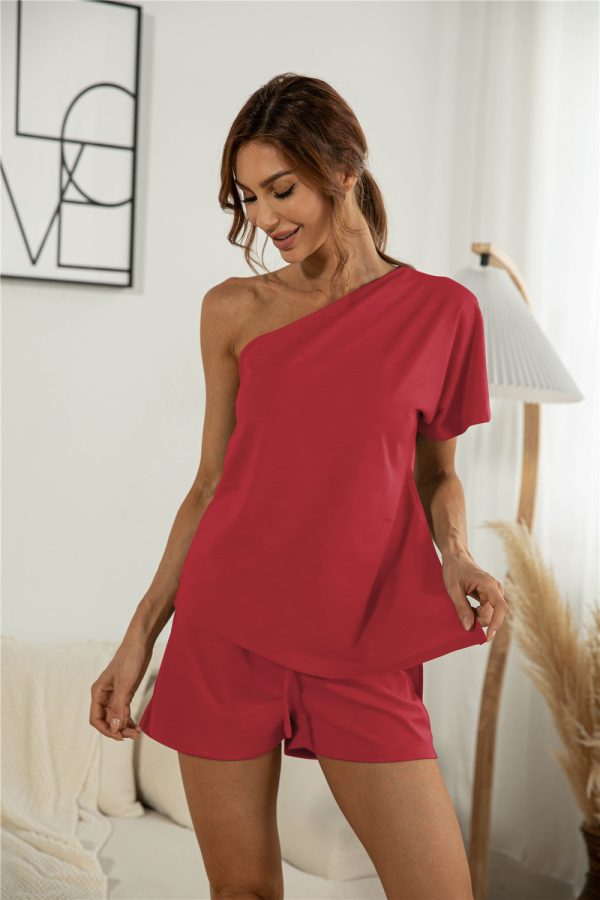 Off-the-shoulder Short Sleeve Sloping-shoulder Off The-shoulder Casual Two-piece Suit - Image 6
