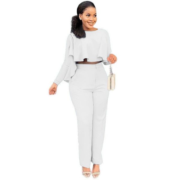 Solid Color Hollow-out Long Sleeve High Waist Wide Leg Pants Two-piece Set - Image 3