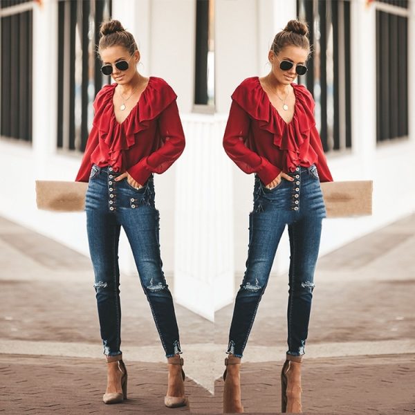 V-neck Flounce Loose And Stylish Long Sleeves Chiffon Shirt