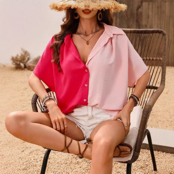 Design Lapel Single Breasted Loose Short Sleeve Split Shirt Top - Image 3