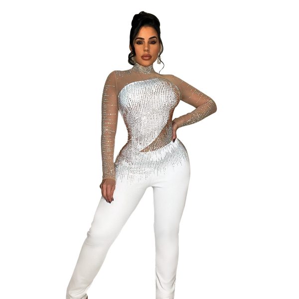 Women's Pure Color Mesh Rhinestone Long-sleeved Trousers Jumpsuit - Image 4