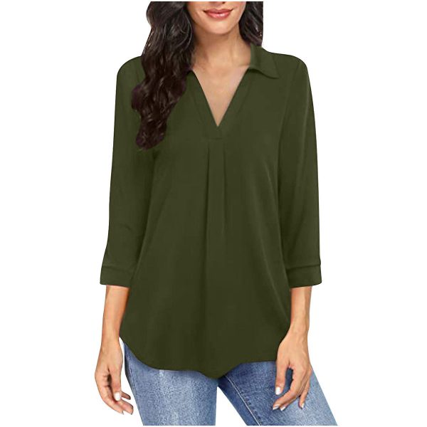 Ladies' Solid Color V-neck Seven Quarter Sleeved Shirt Top With Elegant Chiffon Stitching - Image 2