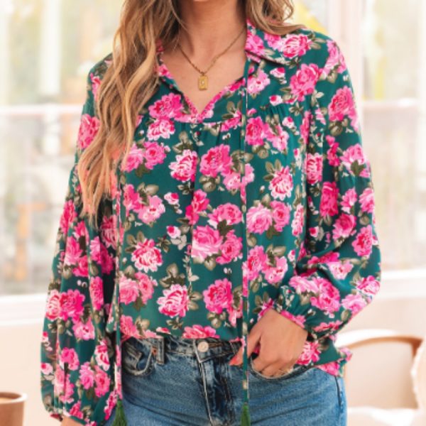 Green Floral Printed Tied Collar Puff Sleeve Blouse
