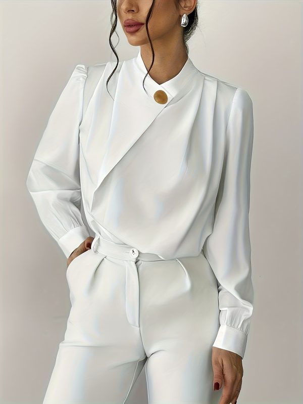 Women's Elegant And Simple Commuting Metal Buckle Long Sleeved Solid Color Design Shirt - Image 5