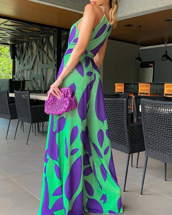 Green Printing Casual Lace Up Jumpsuit - Image 4