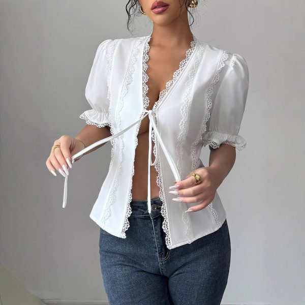 Women's Casual Short Sleeved V-neck Lace Up Pleated Patchwork Solid Color Shirt - Image 3