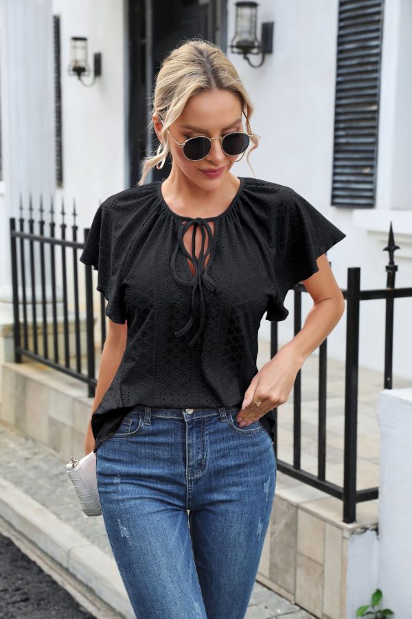 Hollow Jacquard Ruffled Raglan Sleeve Lace-up Short Sleeve Top - Image 8