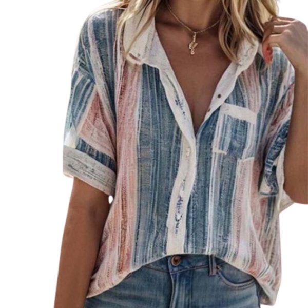 Women's Summer Temperament Contrast Color Striped Shirt - Image 2