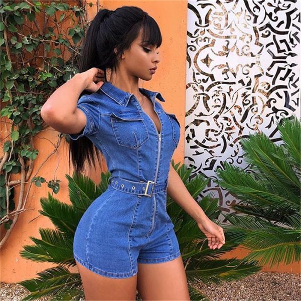 Fashion street beat deep V zipper belt pocket slim denim jumpsuit - Image 5