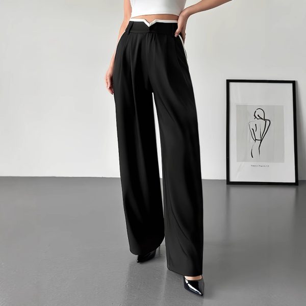 Women's Fashionable Casual Contrasting High Waisted Loose Wide Leg Pants - Image 3