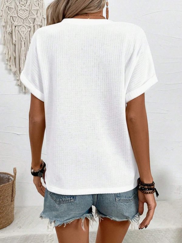 Women Summer Notched V-Neck Button Decor Casual T-Shirt - Image 5