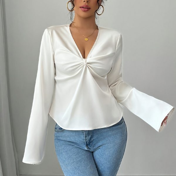 Women's Elegant Solid Color V-neck Ruffled Front Flared Sleeve Shirt - Image 5