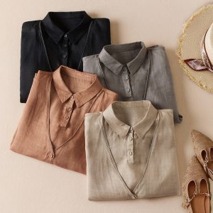 Women's Artistic Retro Fake Two-piece Cotton And Linen Half Sleeves Shirt