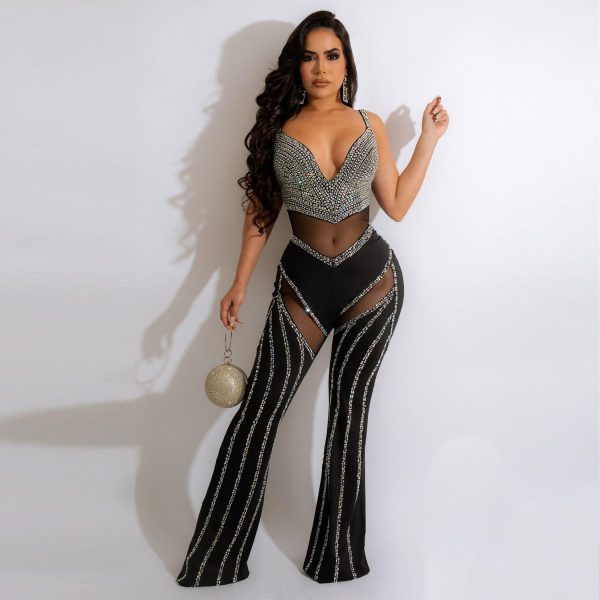 Women's See-through Deep V Rhinestone Jumpsuit - Image 4