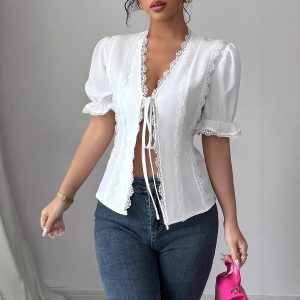 Women's Casual Short Sleeved V-neck Lace Up Pleated Patchwork Solid Color Shirt