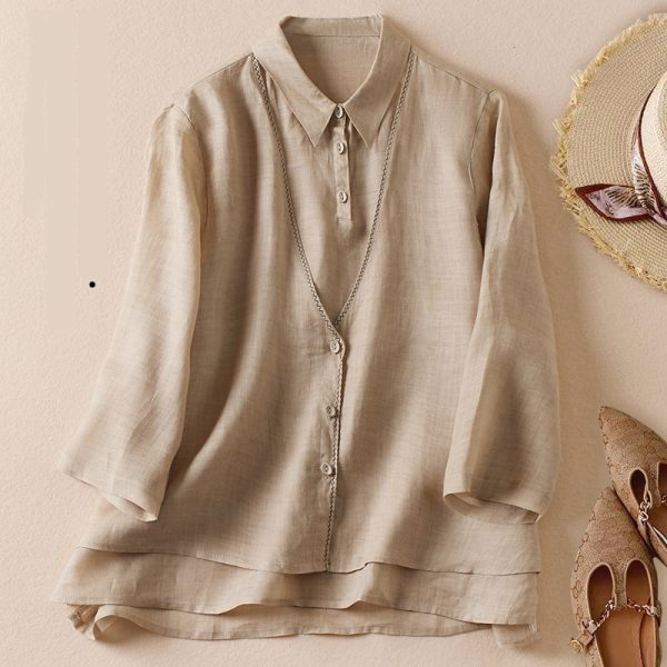 Women's Artistic Retro Fake Two-piece Cotton And Linen Half Sleeves Shirt - Image 3