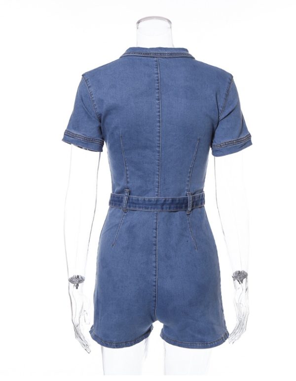 Fashion street beat deep V zipper belt pocket slim denim jumpsuit - Image 8