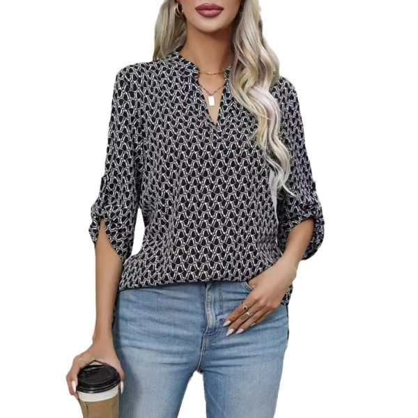 Women's Loose Long Sleeve Printed V-neck Shirt - Image 5