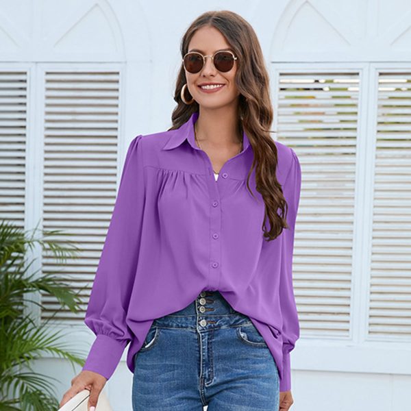 Women's Solid Color Simple Chiffon Pleated Long-sleeved Shirt - Image 8