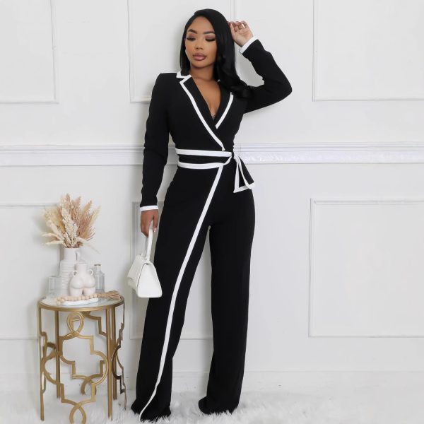 Fashion Belt Design Dual-color Patchwork Long Sleeve Jumpsuit - Image 3
