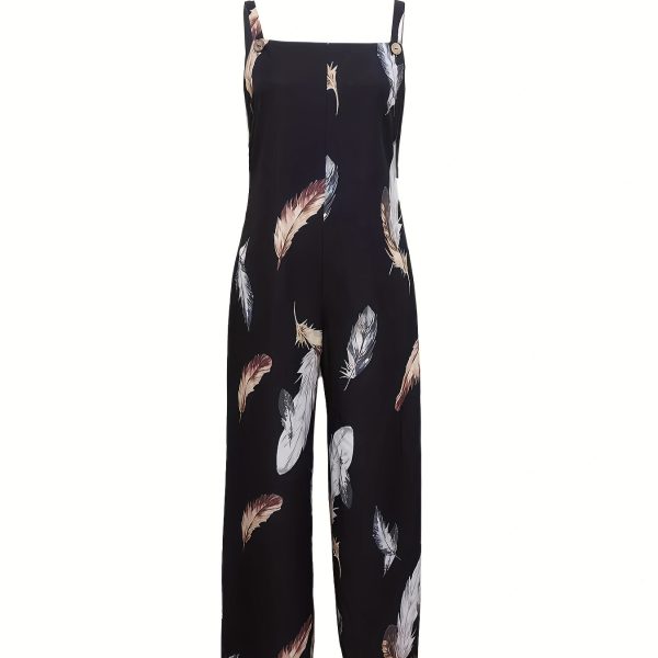 Women's Feather Print Ruffle Hem Pleated Fashionable Jumpsuit - Image 2