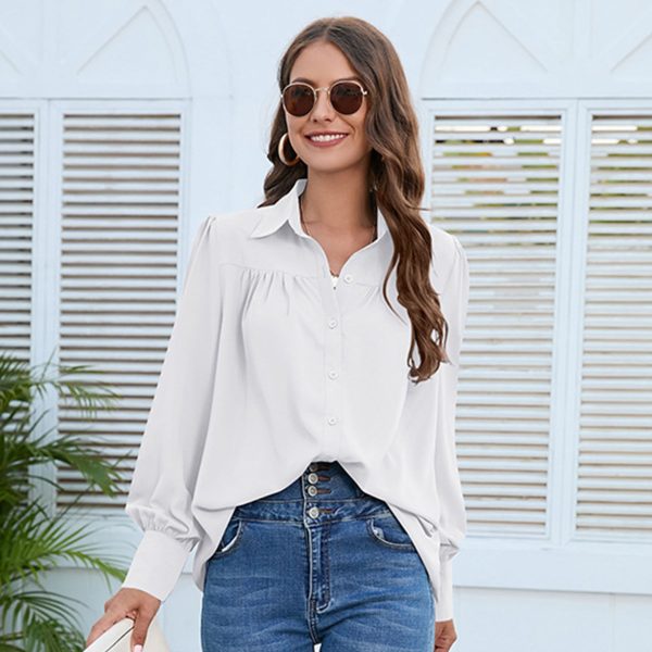 Women's Solid Color Simple Chiffon Pleated Long-sleeved Shirt - Image 4