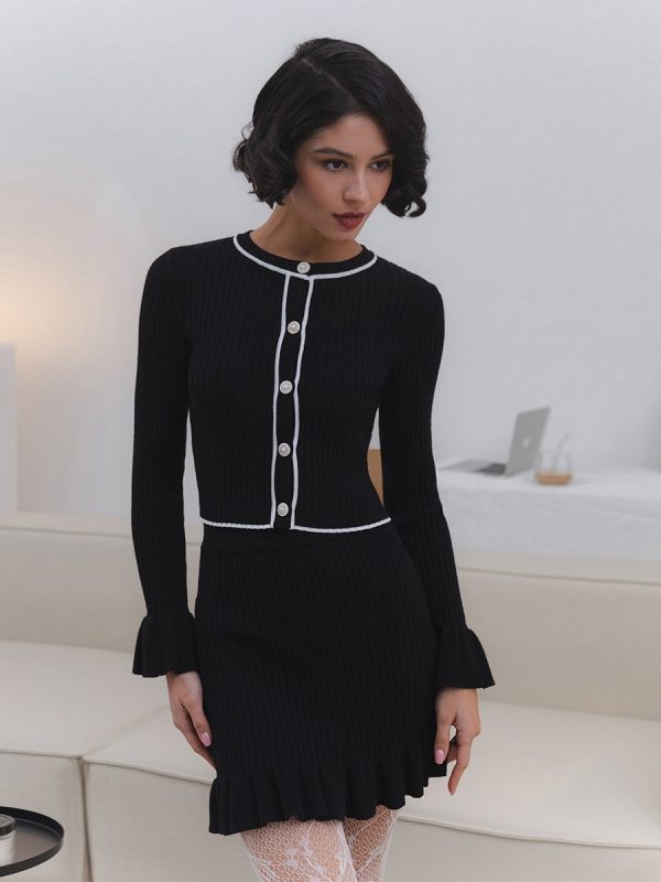 Ruffled Pearl Buckle Suit Knitted Mini Dress Two-piece Set For Women - Image 7