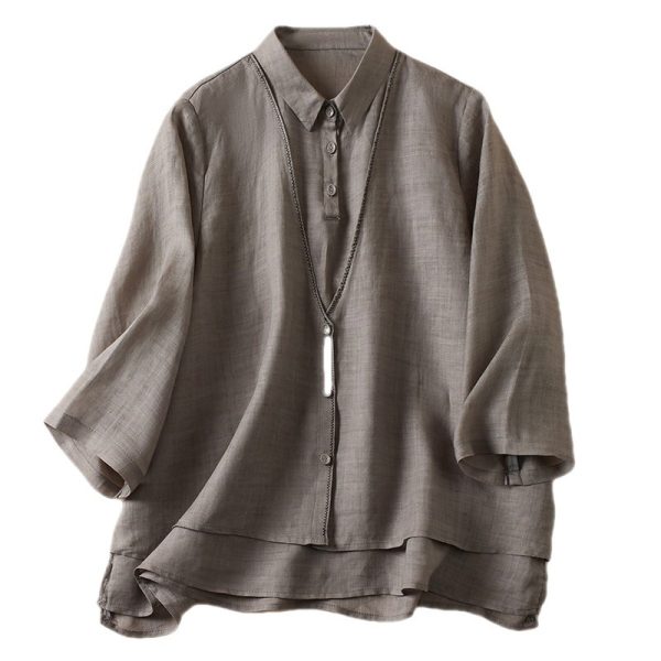 Women's Artistic Retro Fake Two-piece Cotton And Linen Half Sleeves Shirt - Image 2