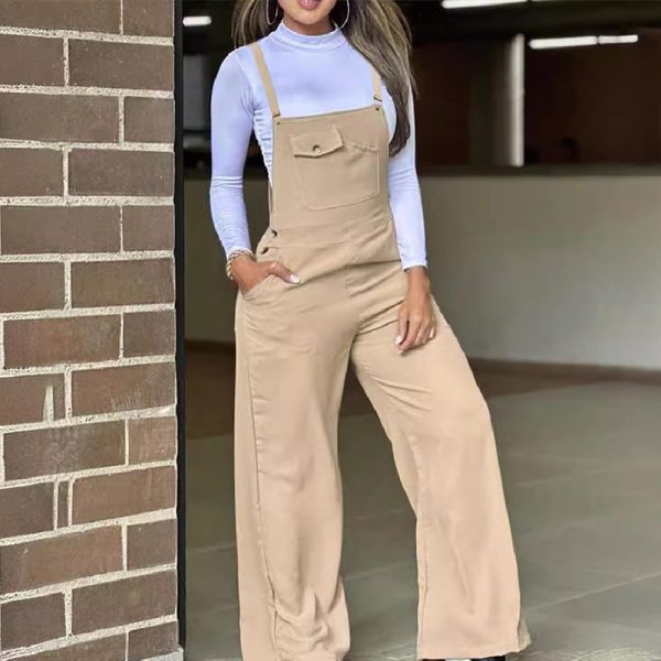 Women's Khaki Casual Suspender Wide-leg Trousers - Image 3