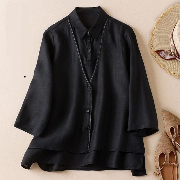 Women's Artistic Retro Fake Two-piece Cotton And Linen Half Sleeves Shirt - Image 4
