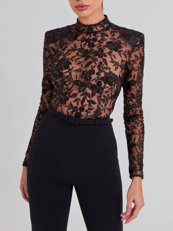 Black See-through Lace Long-sleeved Trousers Jumpsuit - Image 3