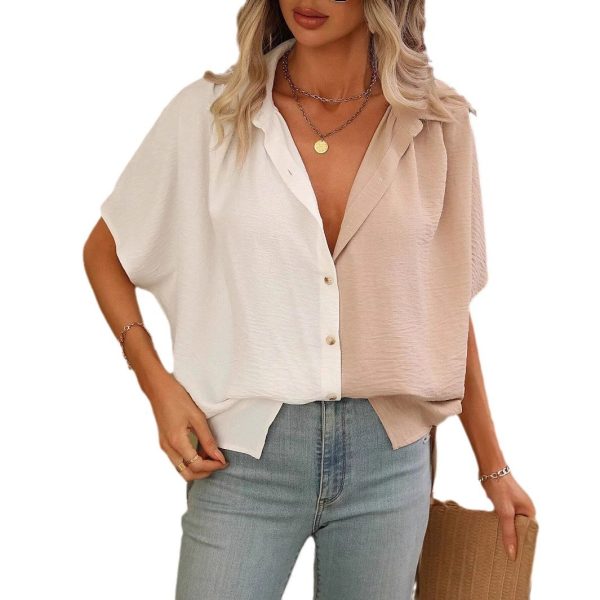 Design Lapel Single Breasted Loose Short Sleeve Split Shirt Top - Image 5