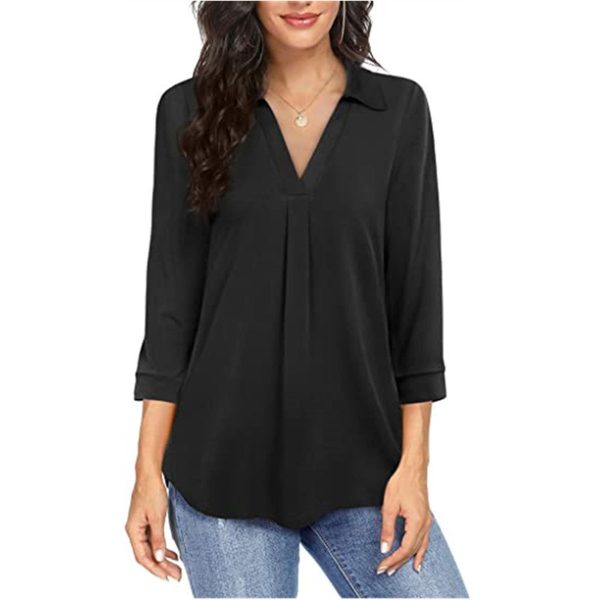 Ladies' Solid Color V-neck Seven Quarter Sleeved Shirt Top With Elegant Chiffon Stitching - Image 8