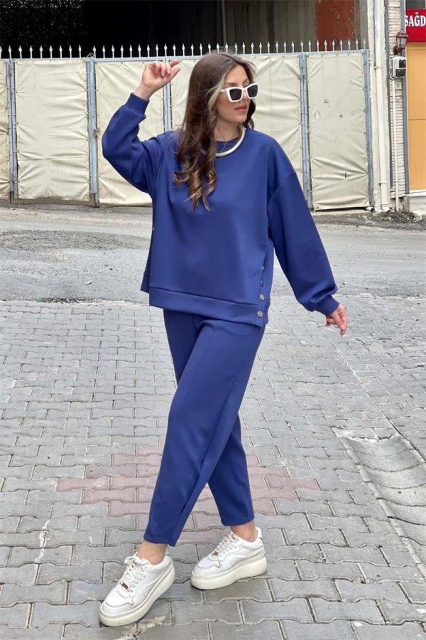 Metal Button Long Sleeve Shirt Sports Casual Ankle Banded Pants Suit - Image 4