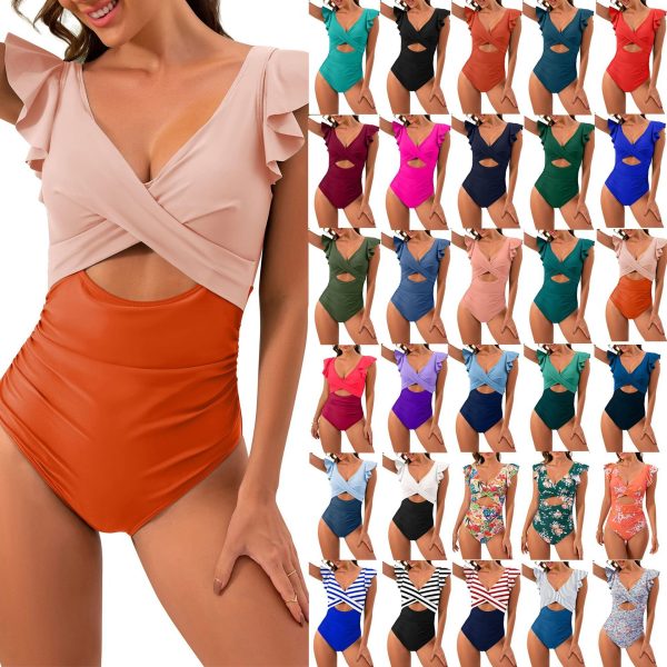 New Covering Belly Thin One-piece Cross Cut-out Ruffled Foreign Trade Swimsuit - Image 2