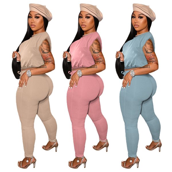 Pure Color Tight Sleeveless Padded Shoulder T-shirt String Pocket Two-piece Set - Image 8