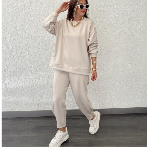 Metal Button Long Sleeve Shirt Sports Casual Ankle Banded Pants Suit - Image 2