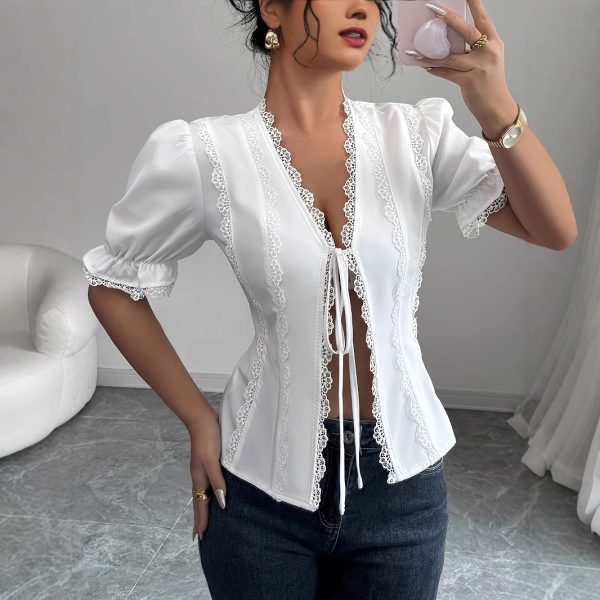 Women's Casual Short Sleeved V-neck Lace Up Pleated Patchwork Solid Color Shirt - Image 4