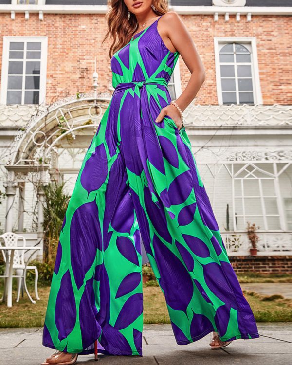 Green Printing Casual Lace Up Jumpsuit - Image 10