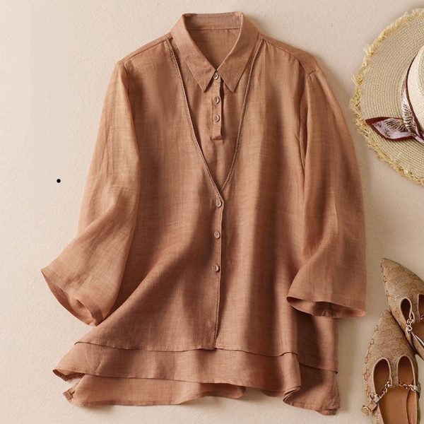 Women's Artistic Retro Fake Two-piece Cotton And Linen Half Sleeves Shirt - Image 6