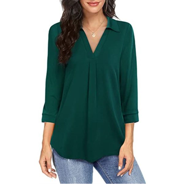 Ladies' Solid Color V-neck Seven Quarter Sleeved Shirt Top With Elegant Chiffon Stitching - Image 3