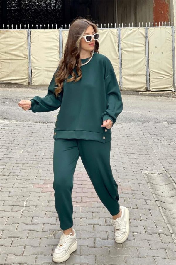 Metal Button Long Sleeve Shirt Sports Casual Ankle Banded Pants Suit - Image 5
