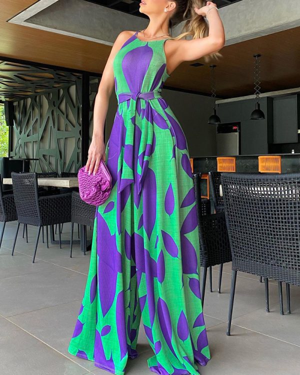 Green Printing Casual Lace Up Jumpsuit - Image 5