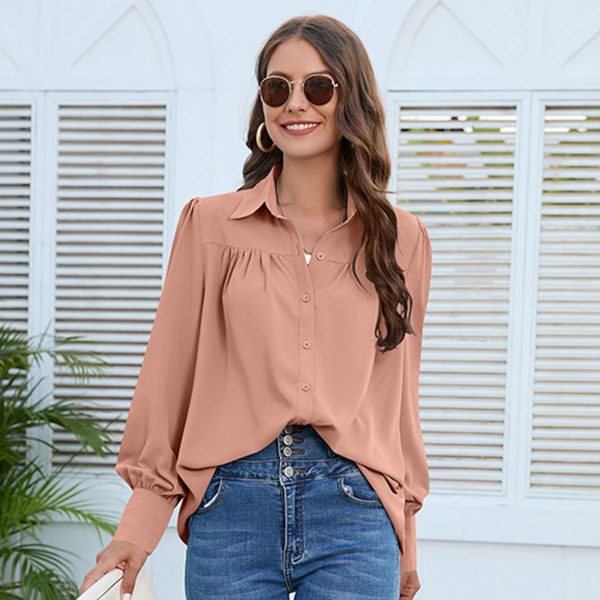 Women's Solid Color Simple Chiffon Pleated Long-sleeved Shirt - Image 7